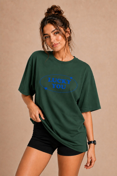 FECCY Premium Luck You Unisex Oversize Women's T-Shirt Cotton Oversize T-Shirt