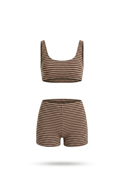 AQUELLA Coffee Black Stripe Bustier Shorts Set