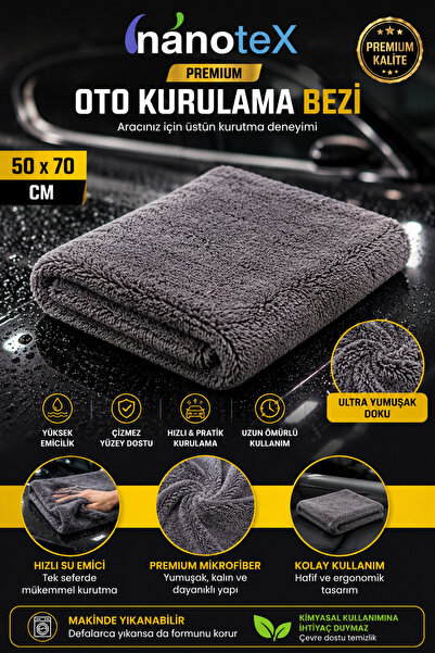 Nanotex ® Premium Oto Kurulama Bezi 50x70 cm | Süper Emici Mikrofiber Araç Ku...