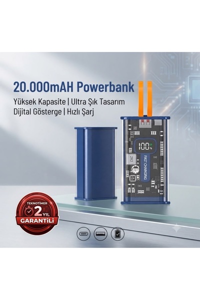 TEKNOTİMER 20.000 mAH Şeffaf Powerbank 22.5W Süper Hızlı Tüm Telefonlarla Uyumlu