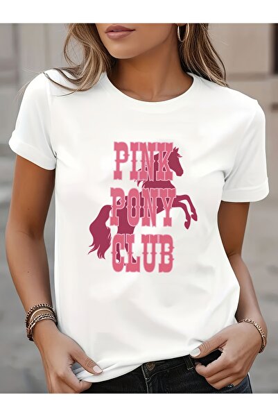 01THEONE Women'S Pink Horse Club Graphic T-Shirt - Crew Neck Short Sleeve Top...