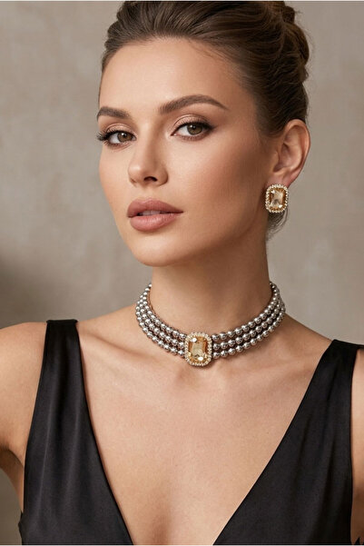 bb bridal boutique Baget Black Stone Gray Beaded Choker Set, Gray Bead Neckla...