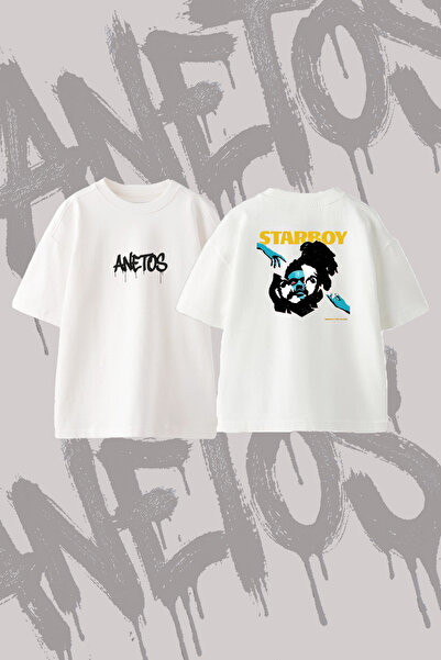 Anetos The Weeknd Starboy Design Back Printed Cotton White Oversize T-Shirt