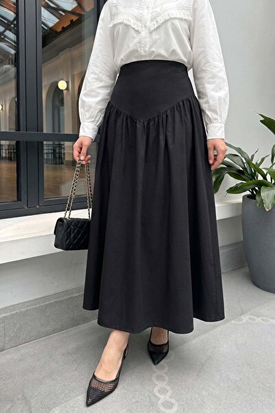 Salih Çelebi Fusta din poplin cu corset în talie 26061 - NEGRU