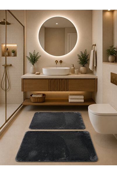 Lionhome Peluş Banyo Paspası Klozet Takımı 2'li Set Yıkanabilir Renk Antrasit...