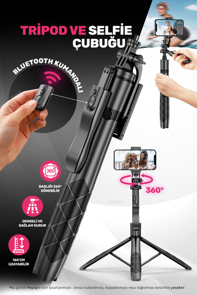 Pequip Uzaktan Kumandalı Tripod ve Selfie Çubuğu Alüminyum 160 cm Bluetooth K...