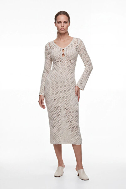 cemo Women's V-Neck Openwork Long Sleeve Knitwear Midi Dress