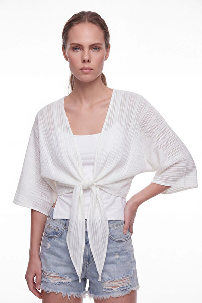 cemo Women's Tie-Front Bat Sleeve Crop Bolero Blouse