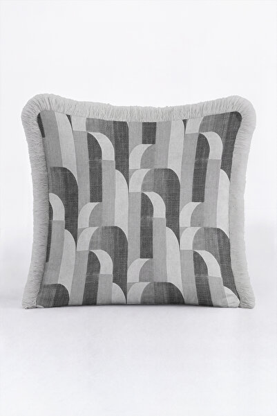 Evimde Bambaşka Geometric Curve Pattern Fringed Pillowcase-Chic Art Deco Nord...