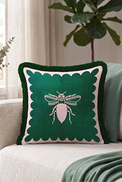 Evimde Bambaşka Fringed Pillowcase with Bee Figure - Elegan Animal-Themed Mod...