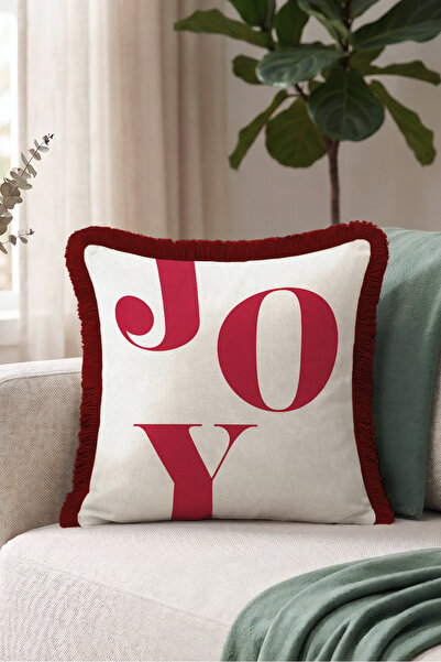 Evimde Bambaşka Typography Love Themed Joy Written Fringed Pillowcase - Elega...