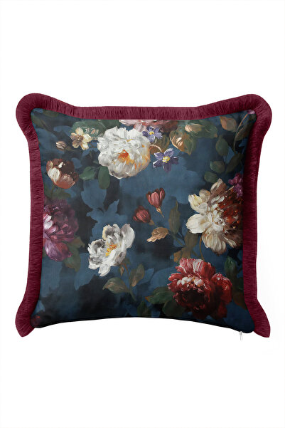 Evimde Bambaşka Floral Motif Peony Fringed Pillowcase - Romantic Floral Navy ...