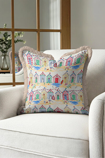 Evimde Bambaşka Sea Coast Cottage Motif Fringed Pillowcase-Marin Bohemian Bea...