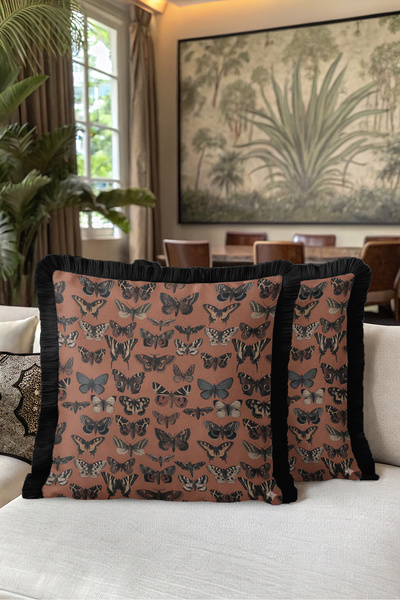 Evimde Bambaşka Vintage Butterfly Design Fringed Pillowcase - Naturalist Tile...