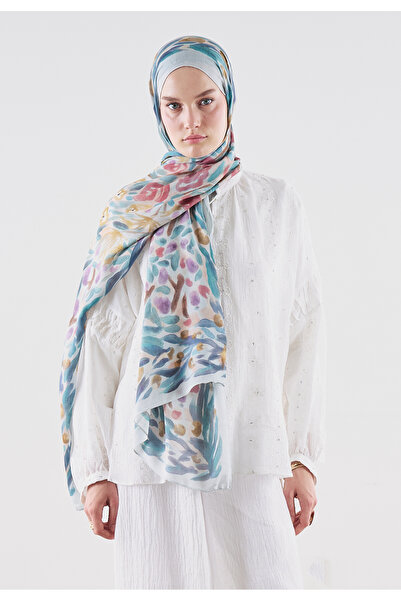 Freshscarfs Φλοράλ Σάλι Ράμι Βισκόζης με Μοτίβο Φαντασίας, Απαλό Μπλε