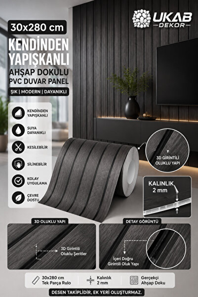 UKAB DEKOR 30x280 cm 3d Ahşap Dokulu Kendinden Yapışkanlı Duvar Kaplama Panel...