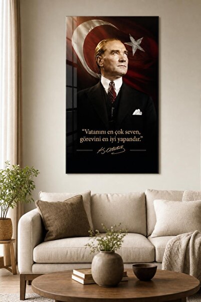 Atatürk Türk Bayrağı Baskılı Cam Tablo – Sözlü UV Baskı Dekoratif Duvar Tablosu