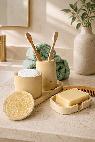 Lazuran Studio Top Bottom Set of 4 Bathroom Accessories with Tray, Toothbrush...
