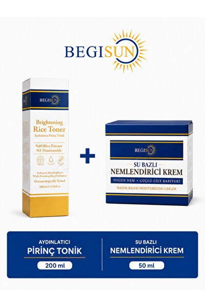 Aydınlatıcı Pirinç Tonik %80 Pirinç Özlü %5 Niacinamide 200 ml + Su Bazlı Nemlendirici Krem 50 ml Cilt Bakım Seti