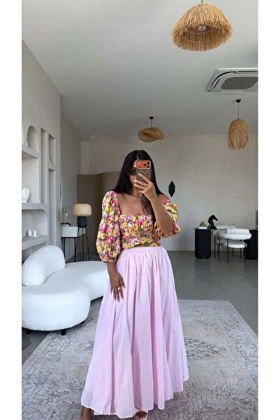 Buket Teke Pink Cotton Linen Double Layer Crinkled Skirt