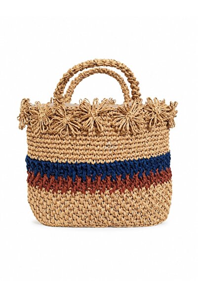 Nafta Handmade Floral Detailed Straw Shoulder and Hand Bag - Lined - Beige/Bl...