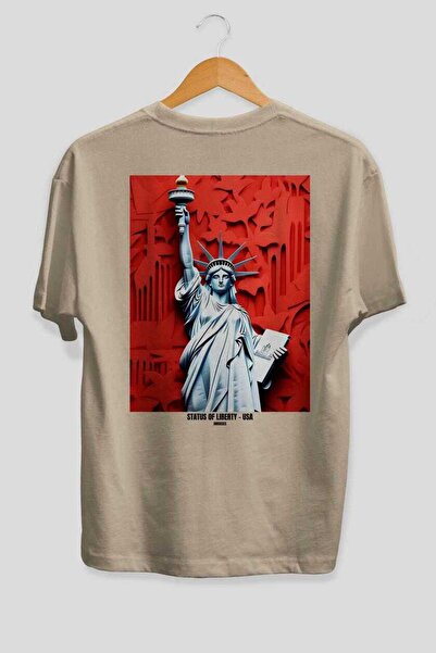 Ankhises Statue of Liberty Beige Oversize Country City Back Printed Unisex T-...