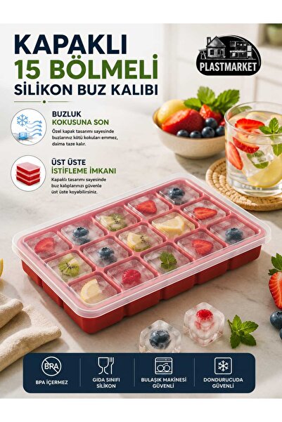 PLASTMARKET Kapaklı 15 Bölmeli Silikon Buz Kalıbı | Büyük Boy Silikon Buz Kal...