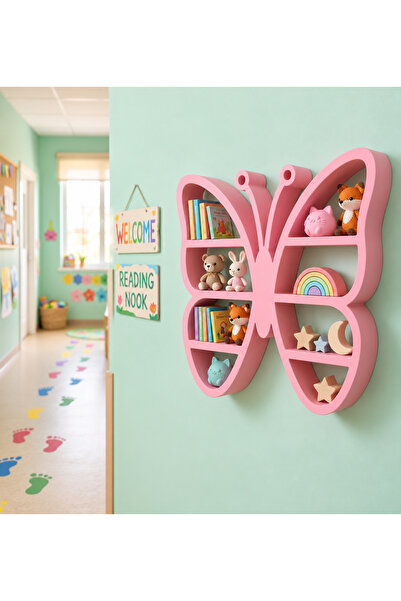 Baby Darling %100 Doğal Pembe Kelebek Dekoratif Raf - Figür, Araba, Mini Oyuncak Standı (25cm Genişlik)
