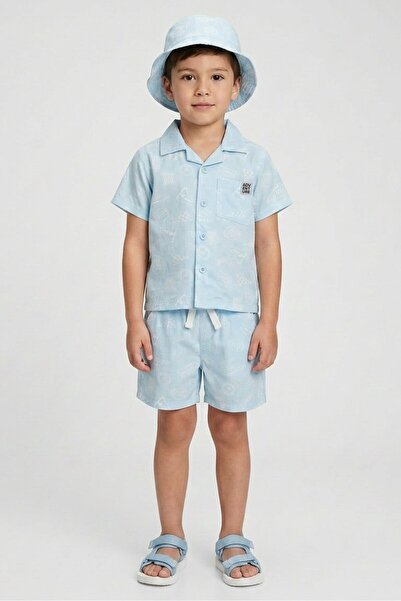 Fudo Kids Boy 3 Pieces Graphic Print Shirt And Shorts With Hat Set, Light Blue