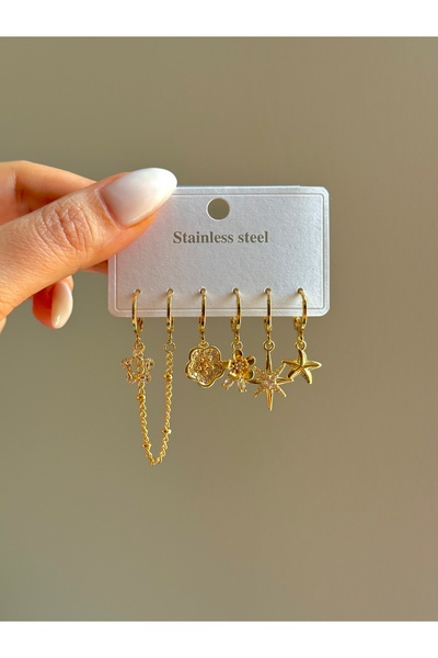 YOUES JEWELRY ÇELİK KADIN 6'LI KÜPE SETİ 14K RENK GOLD