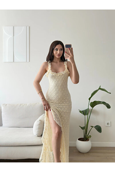 Zoom Butik Derin Yırtmaç Dantelli Elbise - BEJ