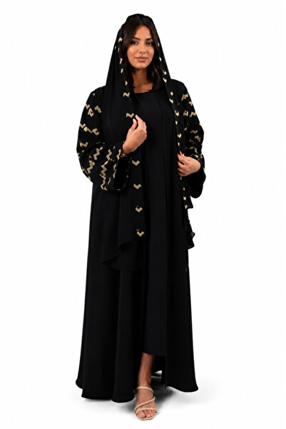 Anaqa Abaya Cobra Abaya with Gold Embroidered Sleeves
