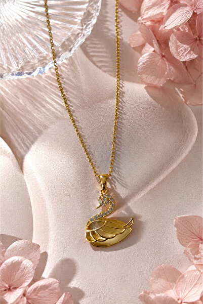 Sylvera Shop Elegance Swan Stone Steel Necklace (Gold Color)
