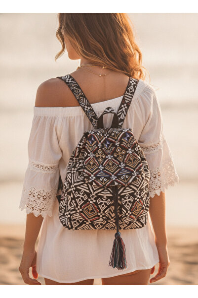 MILANO COLLECTION Rucsac boho maro, model floral, brodat manual, bun de plajă