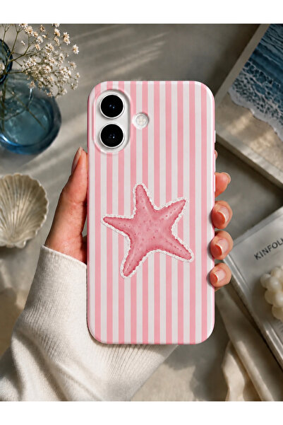 OVADA İphone 16 Uyumlu Pembe Deniz Yıldızı Desenli İçi Kadife Soft Telefon Kı...