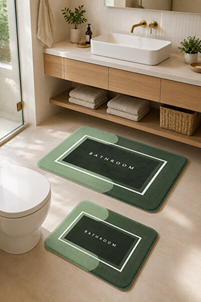 DECOVİST HOME Kaymaz Tabanlı Yıkanabilir 2’li Düz Yeşil Banyo Paspası ve Kloz...