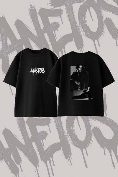 Anetos Long Curly Hair Design Back Printed Cotton Black Oversize T-Shirt
