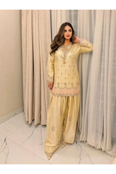 MYSMAR Yellow Japan Satin Silk Embroidered Farshi Palazzo Set - HRT8368 | Yel...