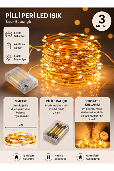 BLUE SİDE Peri Led Işık 3 Metre Pilli Sıcak Beyaz Dekoratif Bakır Tel Led Zin...