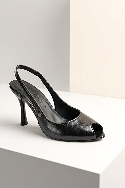 Lady Sunna Nivrar (8 cm) Siyah Rugan Arkası Açık Peep Toe Kadın Topuklu Ayakkabı