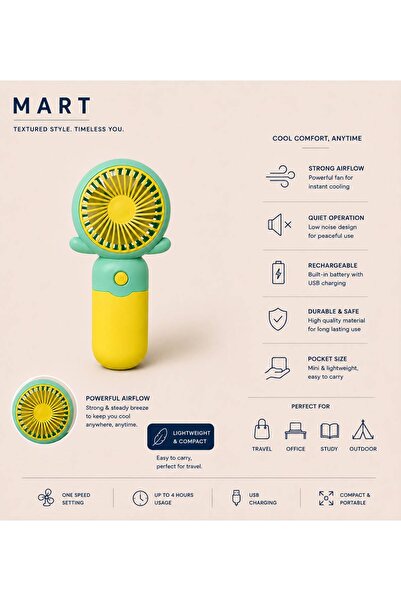 Mart Mini Portable Handheld Fan - Rechargeable USB Personal Cooling Fan