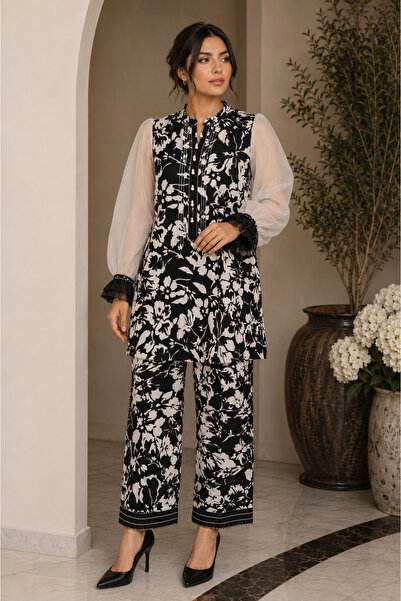 Libas lab - Monochrome Floral Cotton Co-Ord Set with Organza Sleeves