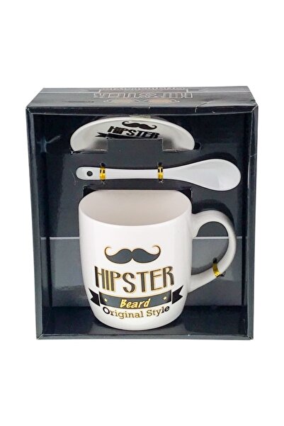 velve Set Hipster Beard, cana din ceramica cu lingurita si capac