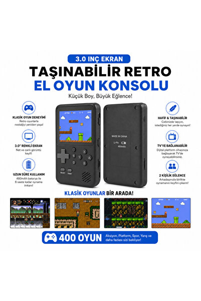 instatech Atari Oyun Konsolu Retro Taşınabilir 400 Dahili Oyun 3.0 İnç Renkli...