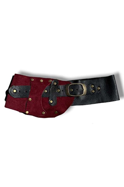 Yılday Gür Butik Thesos Burgundy Nubuck Black Leather Bohemian Belt with Stap...