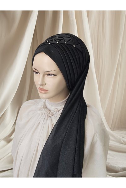 Nuray hazır duvak Black Glittery Zümra Model Moon Veil, Ready-Made Veil, Ready-Made Turban, Ready-Made Shawl