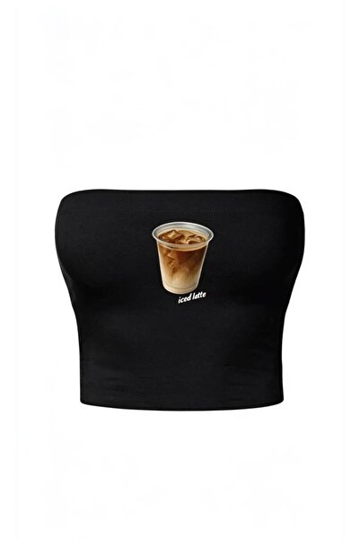 Generic Brand Jutarnji ledeni latte, crni crop top bez bretele sa printom