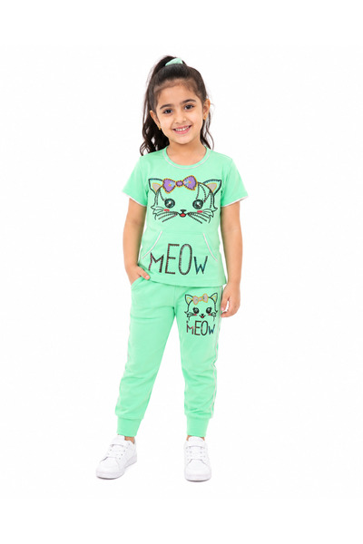 Generic Girls 2-Piece Mint Green Cat MEOW T-Shirt and Jogger Set-SIZE 2Y-5Y