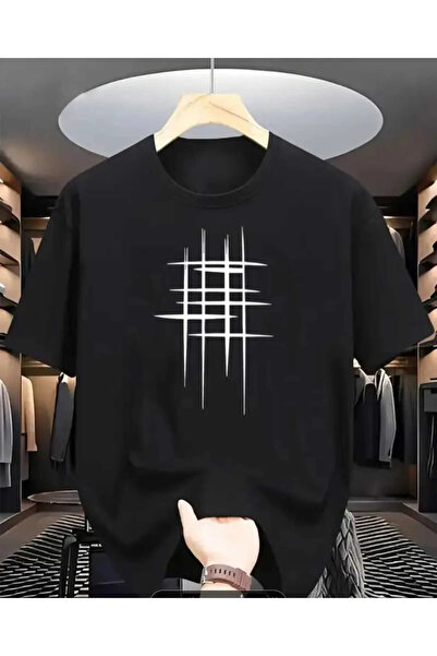EYMORA Black Minimal Geometric Line Print Unisex T-Shirt – Modern Abstract Pa...