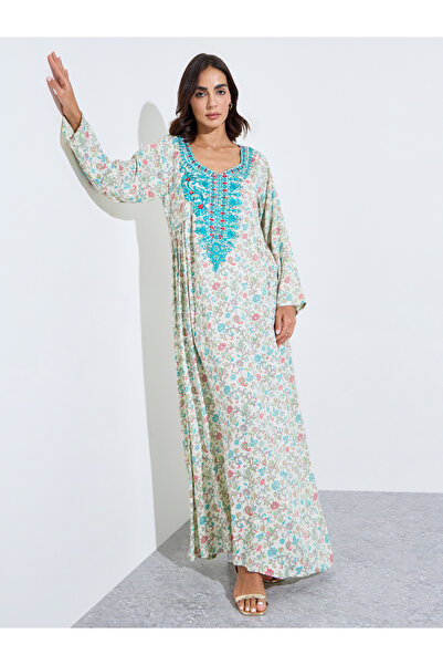 Amirah By Styli All Over Printed Jalabiya At Neck And Sleeve Hem